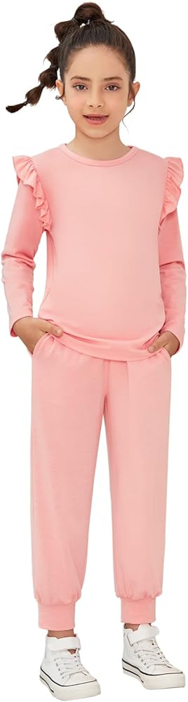 QPANCY Girls 2 Piece Outfits Stylish Tracksuit Ruffle Pullover Sweatshirt Kids Sweatsuit Sweatpants Clothing Sets