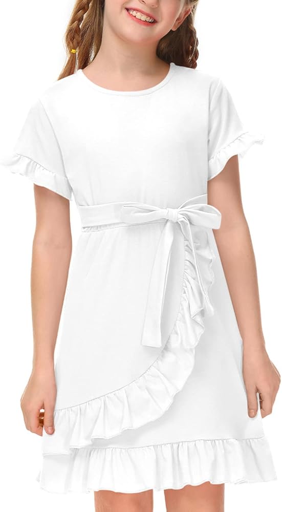 BesserBay Girls Ruffle Trim Tie Waist Short Sleeve Midi Summer Dress 4-14 Years