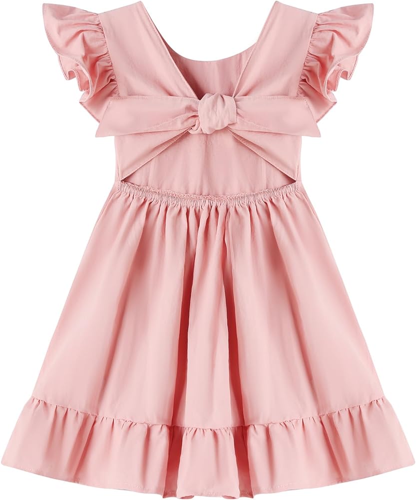 Dutebare Toddler Girls Swing Dress Linen Backless Tie Back Ruffle Hem Kid Casual Beach Dresses