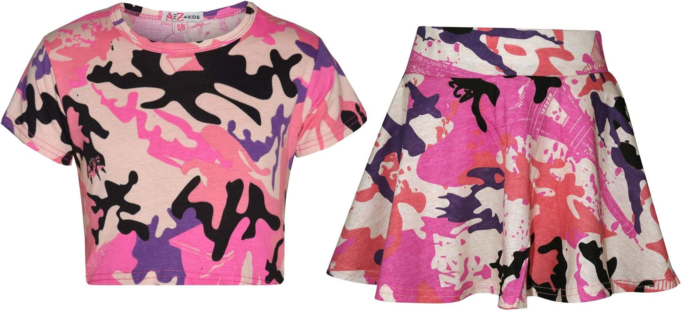 Kids Girls Crop Top & Skater Skirt Camouflage Fashion Summer Outfit Sets 5-13 Yr