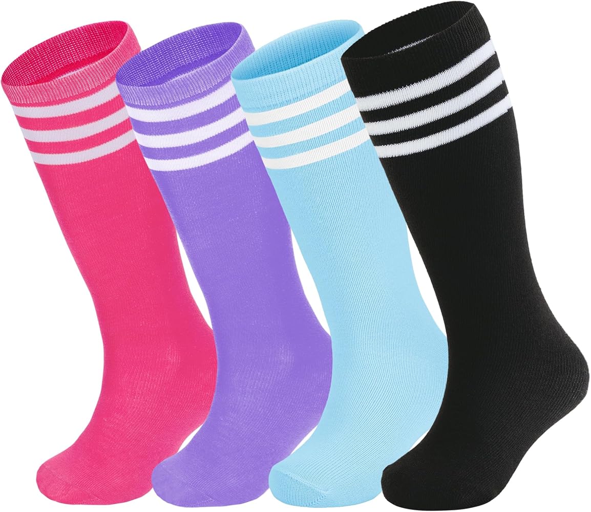 Zando Knee High Tube Socks Kids Soccer Socks Three Thin Stripes Tube Sport Socks for Youth Boys Girls