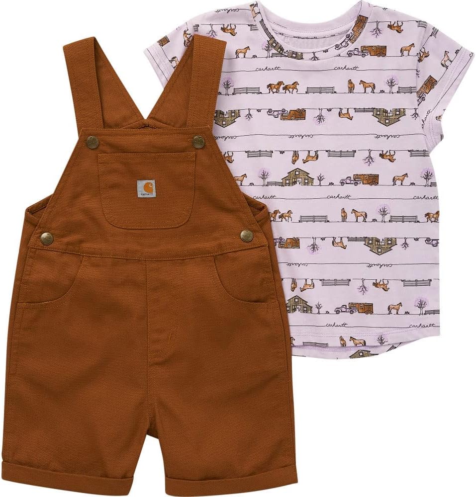 Carhartt Baby Girls' Short-Sleeve Horse Print T-Shirt and Canvas Shortall Set