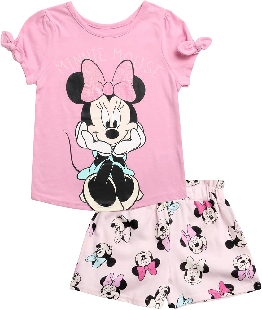 Disney Girls’ Minnie Mouse Shorts Set - 2 Piece Cotton T-Shirt and Knit Shorts (2T-7)