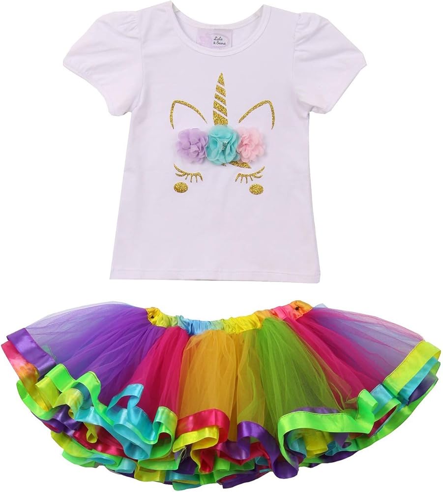 BNY Corner 2 PCS Unicorn Floral Top Rainbow Tutu Skirt Outfit Set Girls Dress