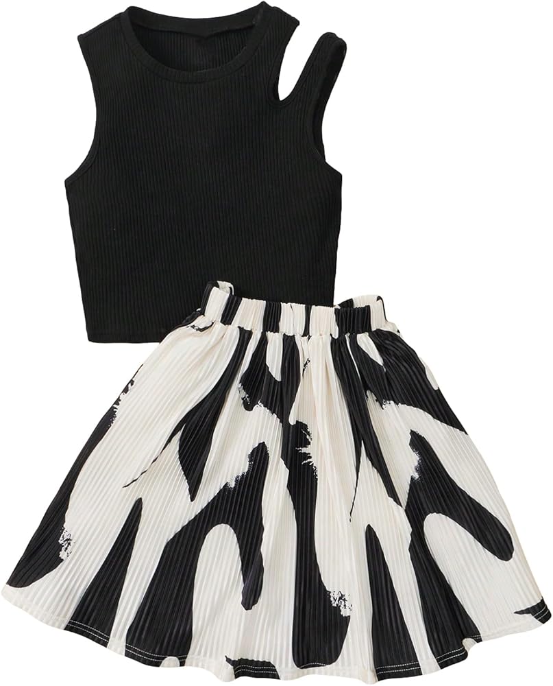 OYOANGLE Girl's 2 Piece Outfits Rib Knit Cut Out Tank Crop Top and Tie Dye Pleated Skirts Set