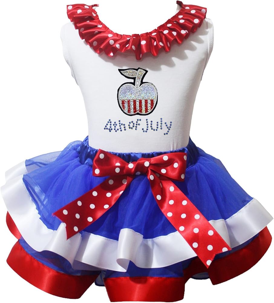 4th July Dress Shinny Apple White Shirt Dots Bow Red Blue Petal Skirt Set Nb-8y