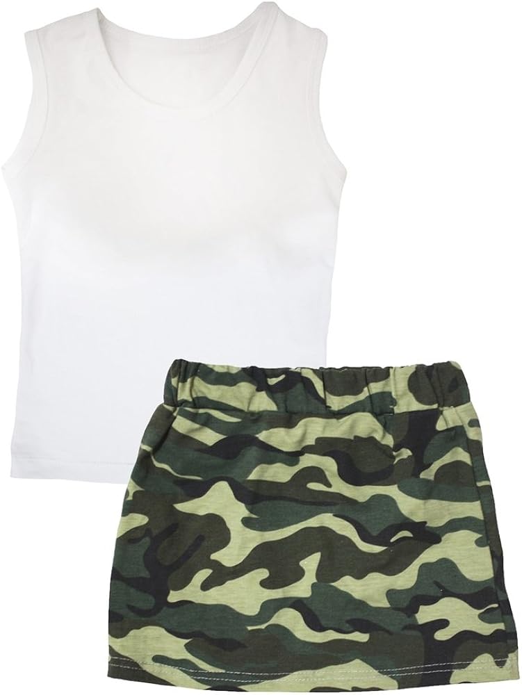 Petitebella Plain White Vest Green Camouflage Skirt Set 1-8y