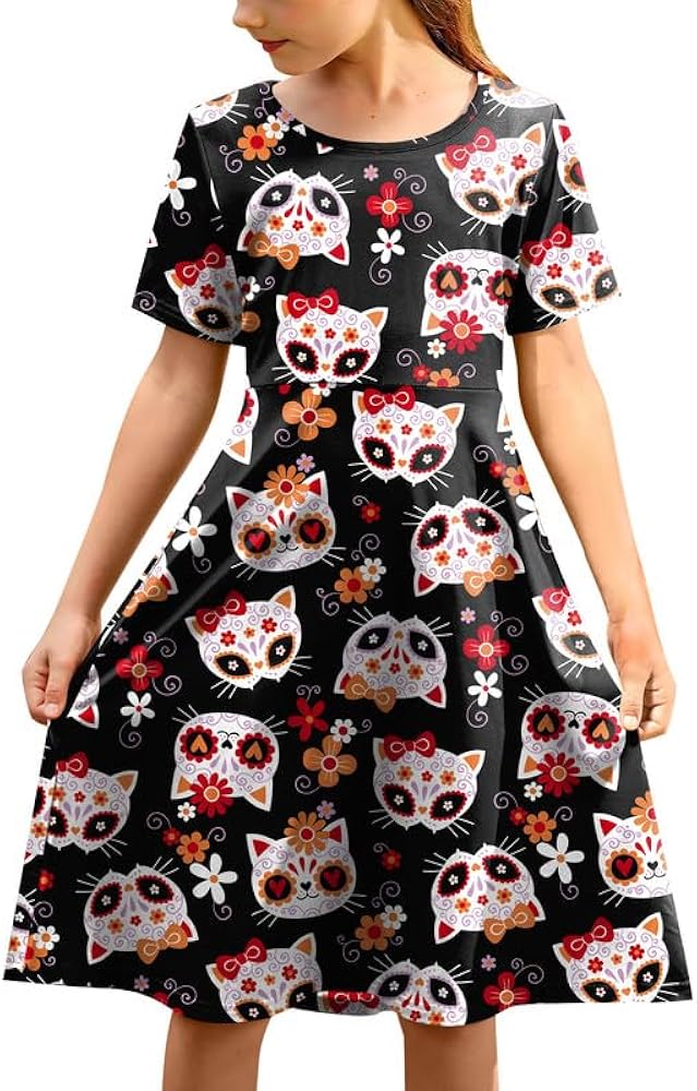 BesserBay Halloween Girls Short Sleeve Printed Crewneck Midi Dress 4-14 Years