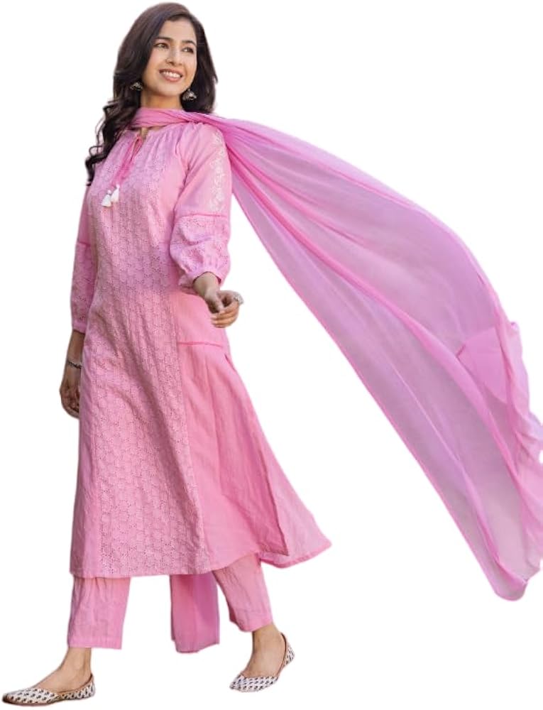 Bhawana Embroidered Schiffly Kurta Set Pink |Tunic With Pant Bottom has elastic waistband and 2 side pockets