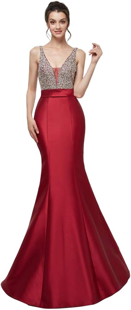 Burgundy Mermaid Satin Beaded V Neck Prom Party Evening Dress Celebrity Pageant Formal Gown for Girls