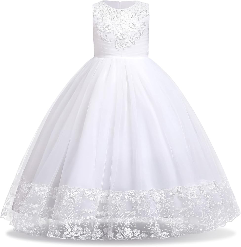 IDOPIP Flower Girl Lace Dress for Kids Wedding Bridesmaid Pageant Party Formal Long Gown Princess Communion Tulle Dresses