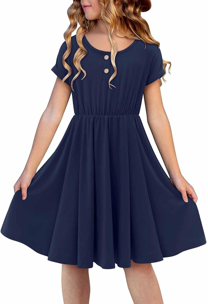 Yoklass Girls Short Sleeve Dress Casual A Line Button Twirly Skater Dresses 5-14 Years