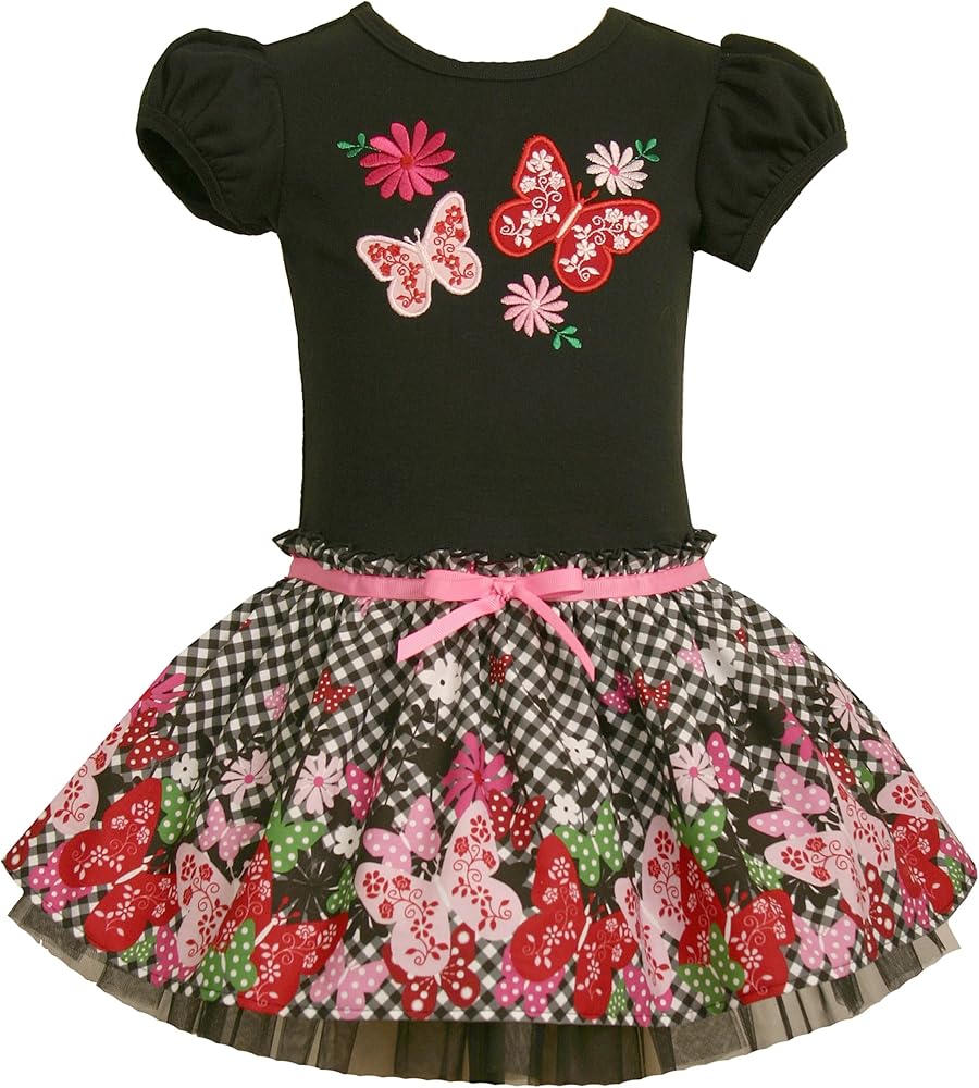 Bonnie Jean Little Girls' Drop Waist Dress W/Butterfly Border Print Skirt To Short Sleeve Black Knit Top