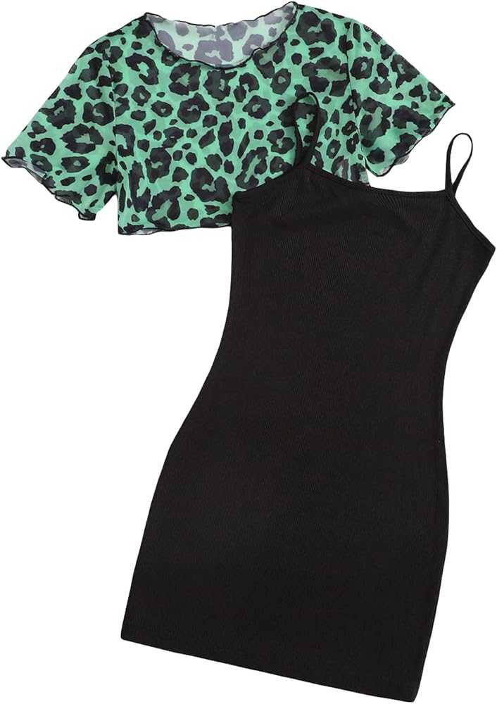 Milumia Girl's Two Piece Outfits Leopard Mesh Crop Top and Bodycon Cami Dress Set