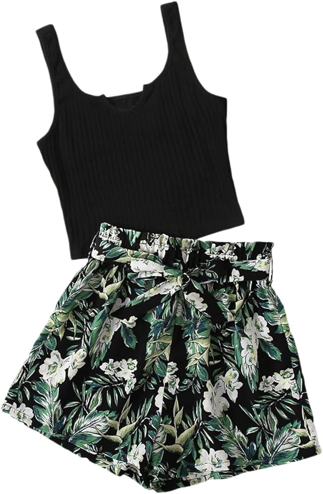 WDIRARA Girl's 2 Piece Outfits Rib Knit Tank Top and Tropical Print Belted Shorts Set