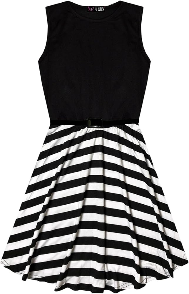 Kids Girls Skater Dress Striped Contrast Panel Summer Party Dance Dresses 7-13Yr