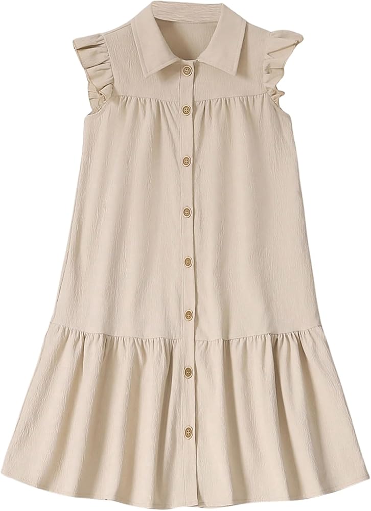 Floerns Girl's Flounce Cap Sleeve Midi Shirt Dress Button Down Tiered Swing Shift Dress