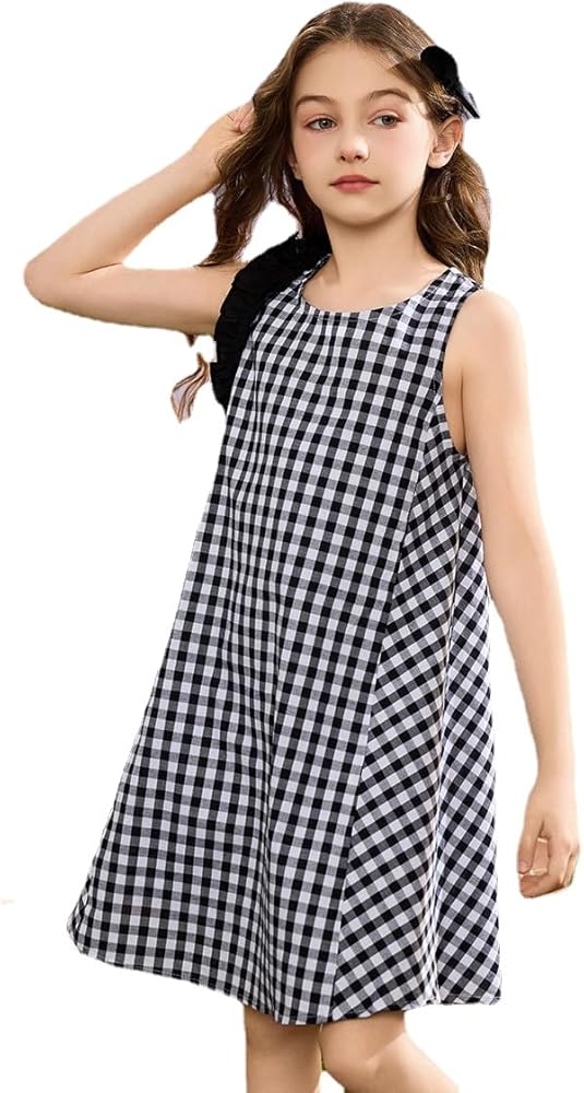 Girls Sleeveless Dress Ruffle Round Neck Black and White Plaid Pattern Cotton Casual A-Line Girls Dress Tunic