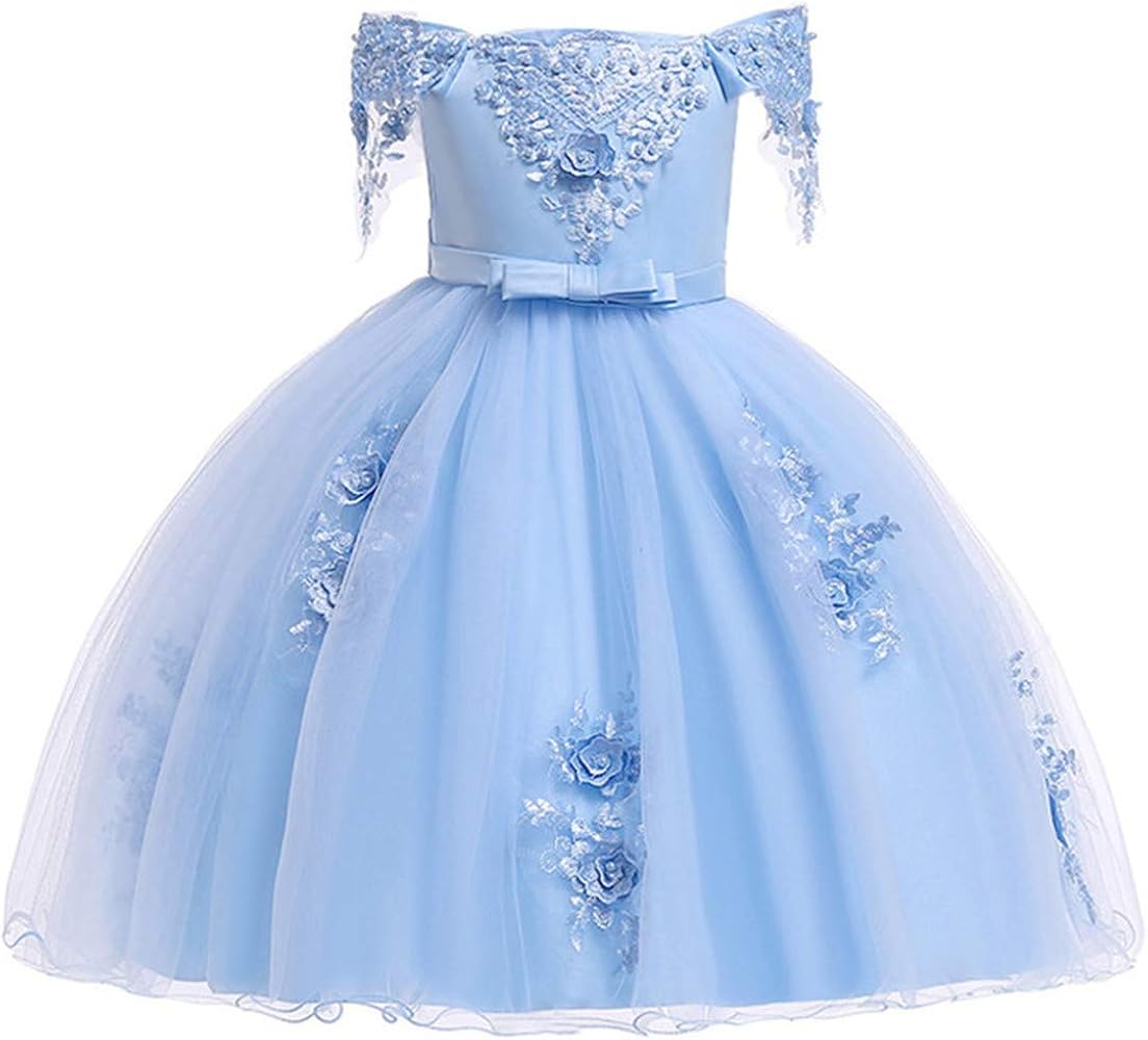 Pageant Dresses for Girls 5T Lace Sleeveless Summer Formal Dress for Little Girls Blue Dress Girls 5-6 Years Wedding Birthday Party Dresses Girls Gift Beautiful Tutu Dress Princess (Blue 130)