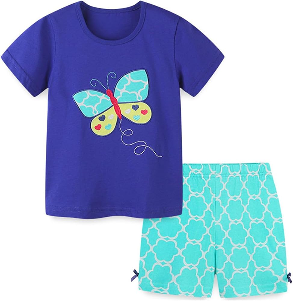 2Pcs Baby Girls Cotton Butterfly Birds Summer Short Sleeve T-Shirt Tops and Short Outfits Clothes Set