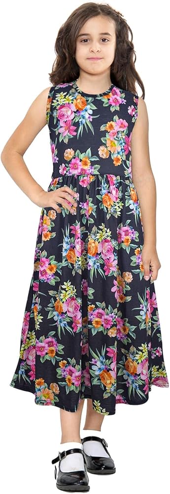 Kids Girls Maxi Dress Sleeveless Printed Party Fashion Summer Long Skater Dress Black Floral