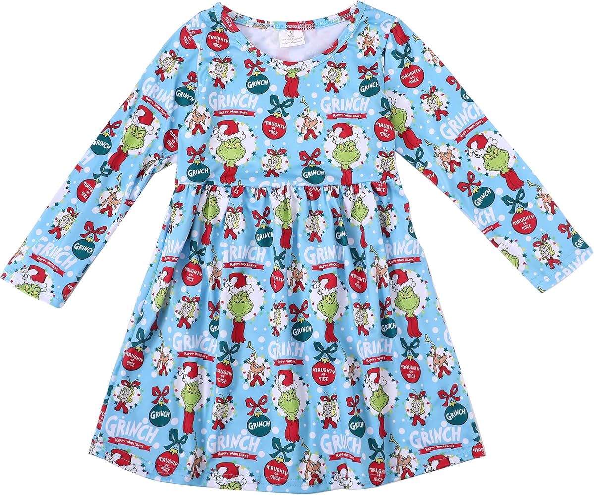 Christmas Halloween Toddler Girls Dress Green Ghosts Dress Twirl Long Sleeve Winter Dress 3-4T