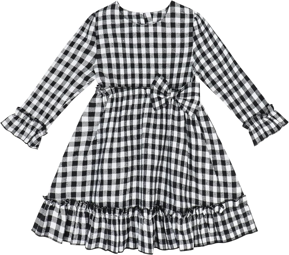 AGQT Toddler Baby Girl Plaid Dress Kid Girl Long Sleeve Ruffle Check Dress Spring Casual Outfit Size 2-8 Years