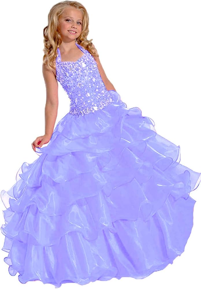 Junguan Girl's Halter Beaded Rhinestones Pageant Dress Classic Birthday Wedding Party Long Gown JD001