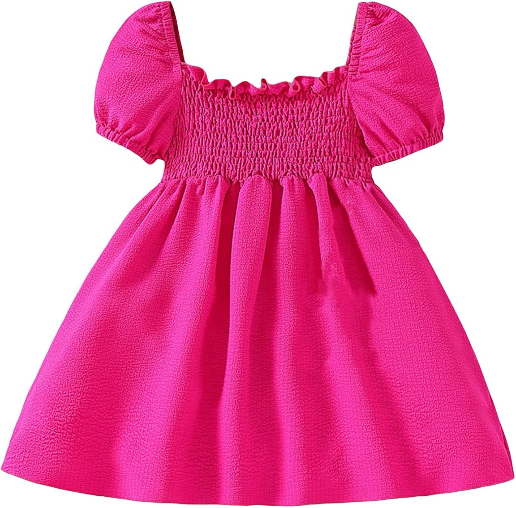 WDIRARA Toddler Girl's Frill Trim Puff Sleeve Square Neck Shirred A Line High Waist Flared Hem Dress