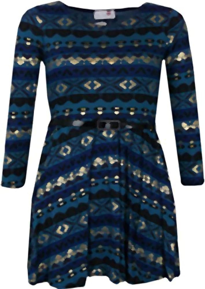 Kids Girls Skater Dress Aztec Teal Blue Party Dresses with Free Belt 7-13 Years