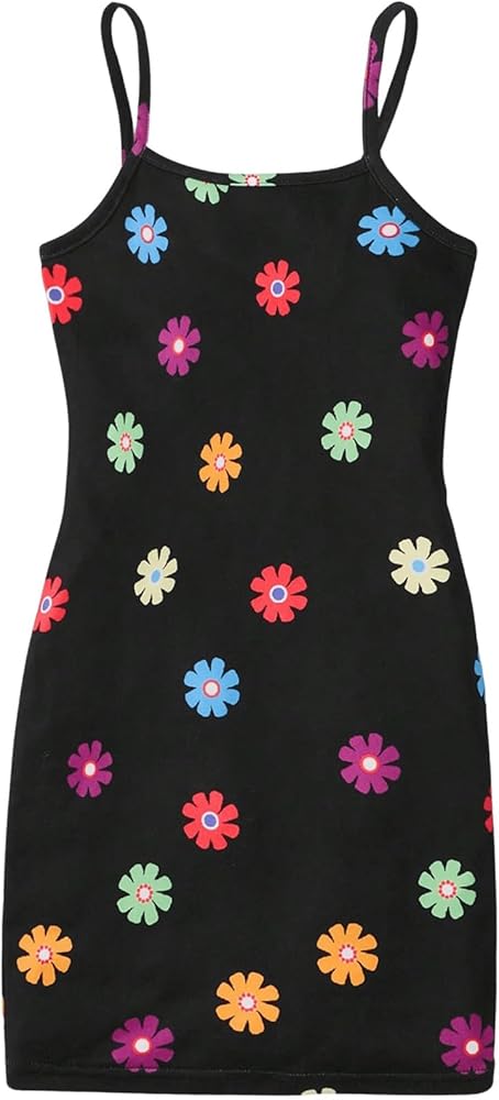 Girl's Floral Print Cami Dress Sleeveless Backless Square Neck Bodycon Short Dresses