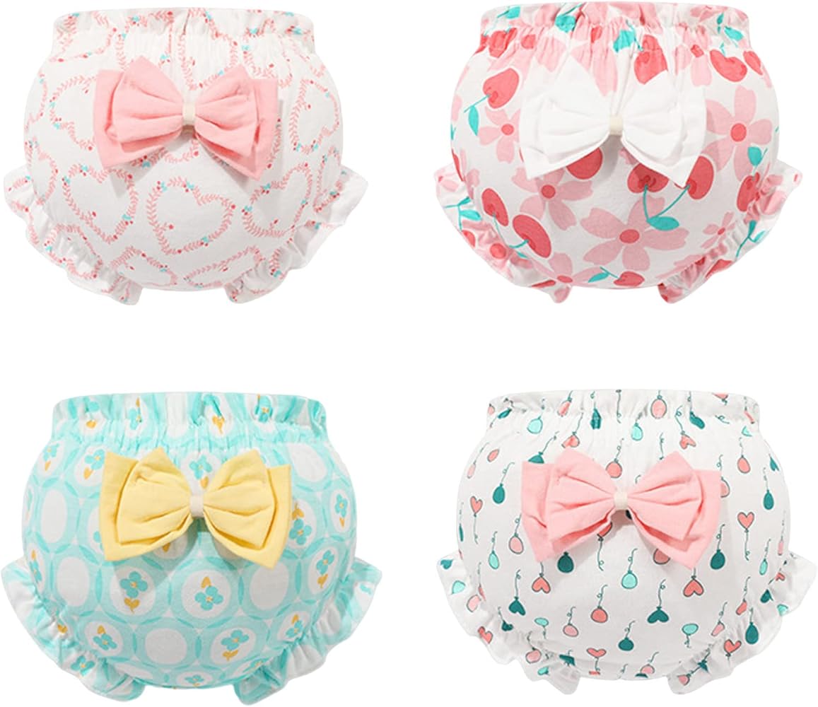 Sinifer Kids Infant Baby Girls Underpants Cute Print Bowknot Underwear Shorts Cotton Ruffled Briefs Trunks 4PCS