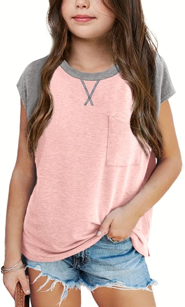 Imily Bela Girls Summer T Shirts Casual Cap Sleeve Crewneck Raglan Tops with Pocket