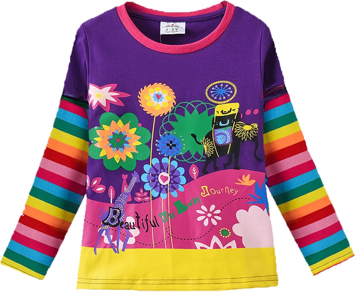 VIKITA Girls Shirts Winter Long Sleeve Rainbow Sleeve Tops for Daily Casual Wearing,2-12 Years