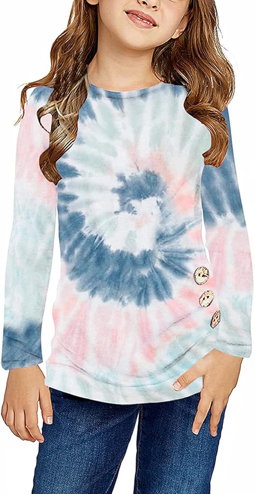 Girl Clothes Fall Tunic Casual Tee Dyed Tie Long Shirt Tops Button Front Girls Loose T Blouse Knot Athletic Girls