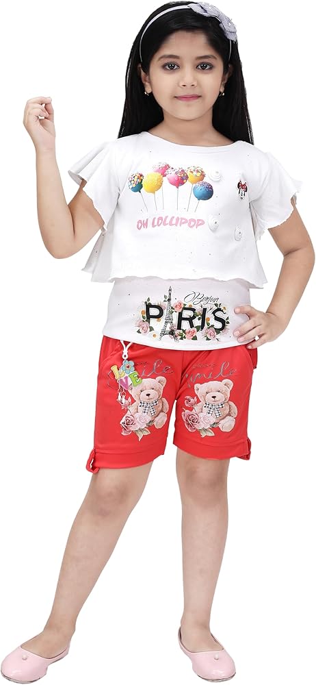 Girls' Dressy Casual Party 2-Piece Top and stylish Print T-Shirt and Shorts Set