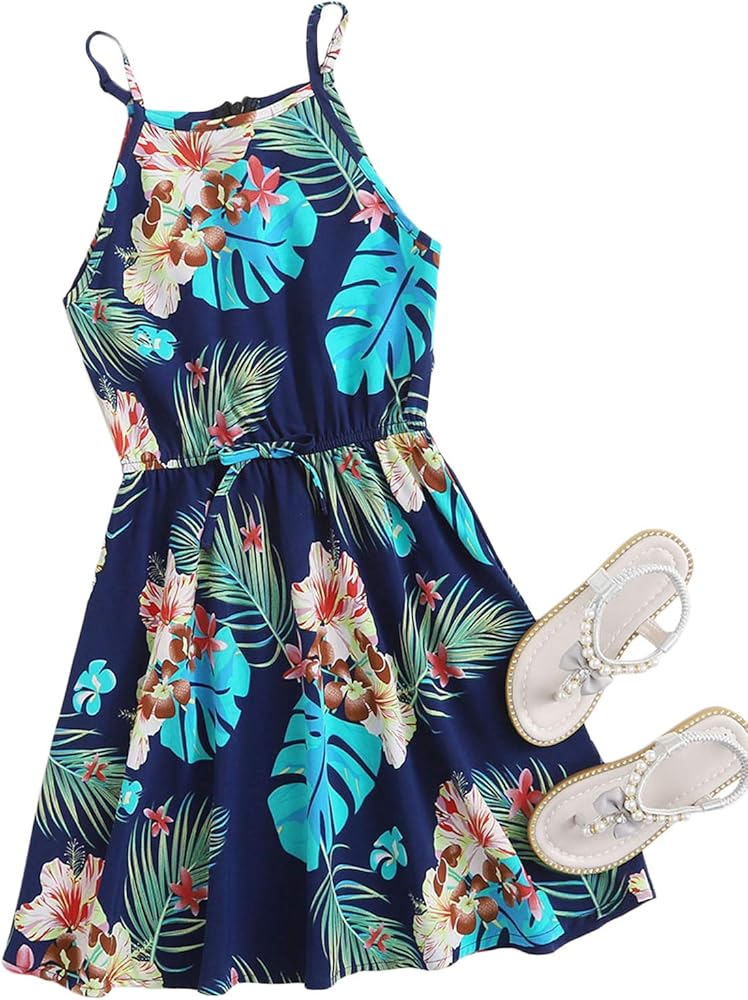 OYOANGLE Girl's Casual Boho Floral Print Sleeveless A-Line Swing Cami Hawaiian Dress Sundress