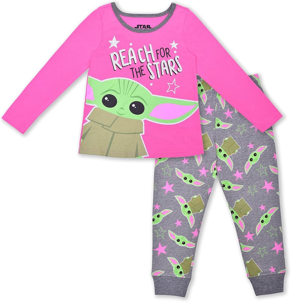 STAR WARS Grogu Girls Long Sleeve Shirt and Jogger Set for Toddlers and Big Kids – Pink/Grey