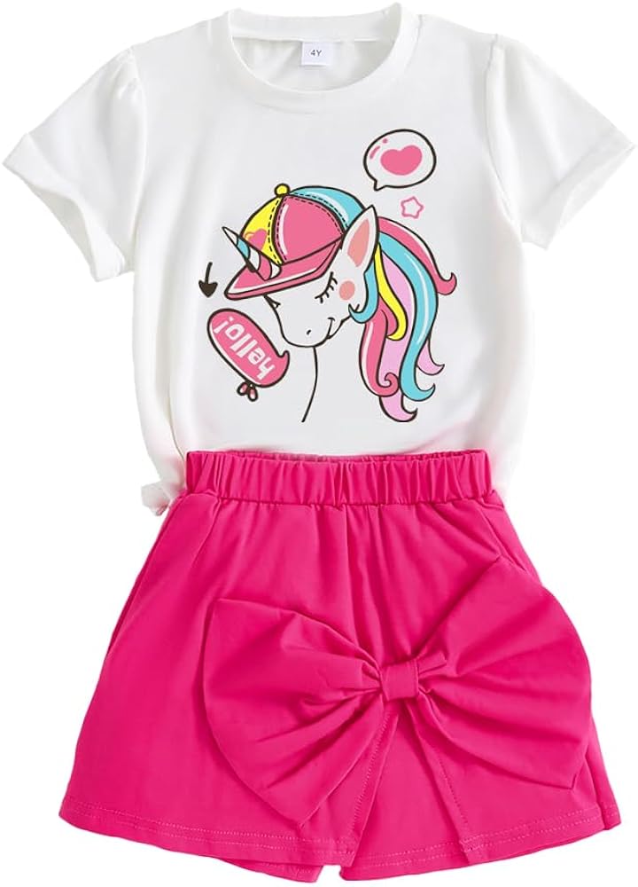 Toddler Girl Short Sets,Cartoon Graphic T-Shirt Tops & Bow Shorts Summer Outfits for Little Girls