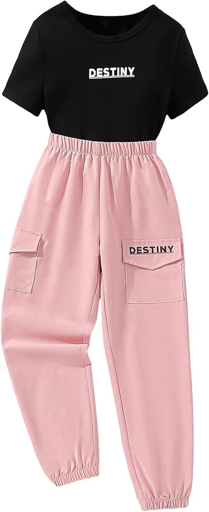 OYOANGLE Girl's 2 Piece Outfits Letter Print Short Sleeve Top and Flap Pocket Jogger Cargo Pants Set