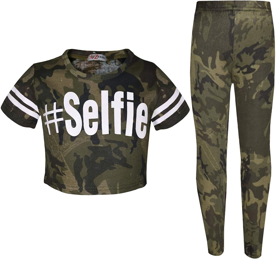 Girls Tops Kids Designer's #Selfie Camouflage Print Crop Top Legging Set 5-13 Yr