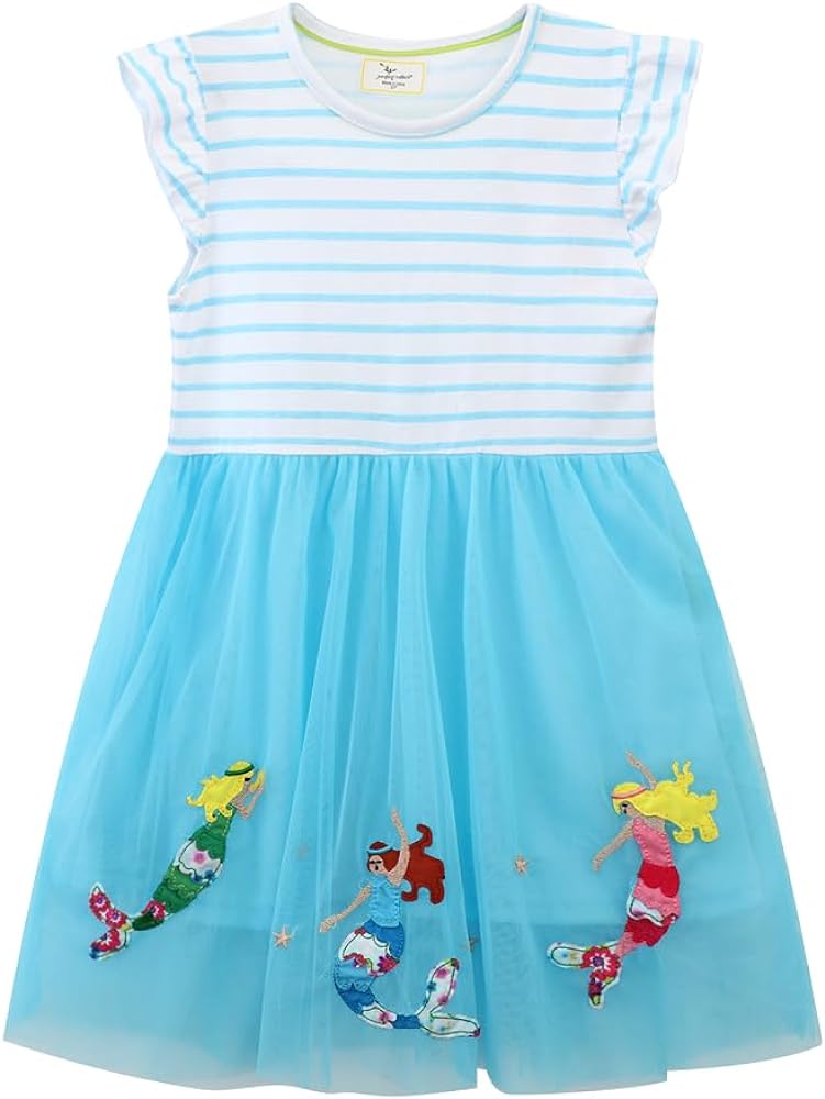 FreeLu Toddler Girls Cotton Summer Short Sleeve Dress Cartoon Print Casual Jersey Dresses