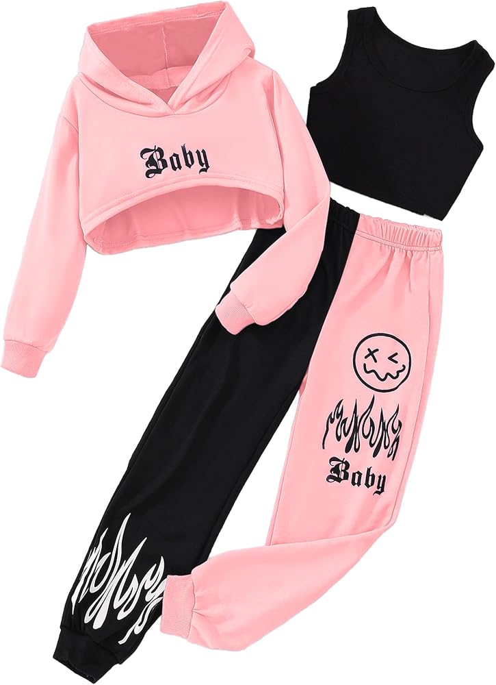 Hilinker Girls Graphic 3 Piece Outfits Workout Crop Hoodie Ribbed Tank and Sweatpants Set