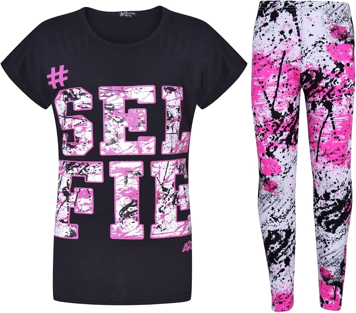 Girls Tops Kids #Selfie Print T Shirt Top & Fashion Splash Legging Set 7-13 Year Black