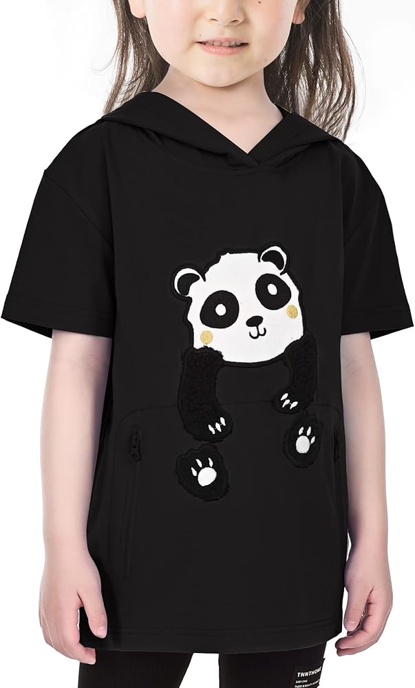 Girts Boys Tees with Zipper Pocket, Cute Panda Cotton T-Shirt Short Sleeve Tops for Kids，UV Protection Hoodies 3-10 Years