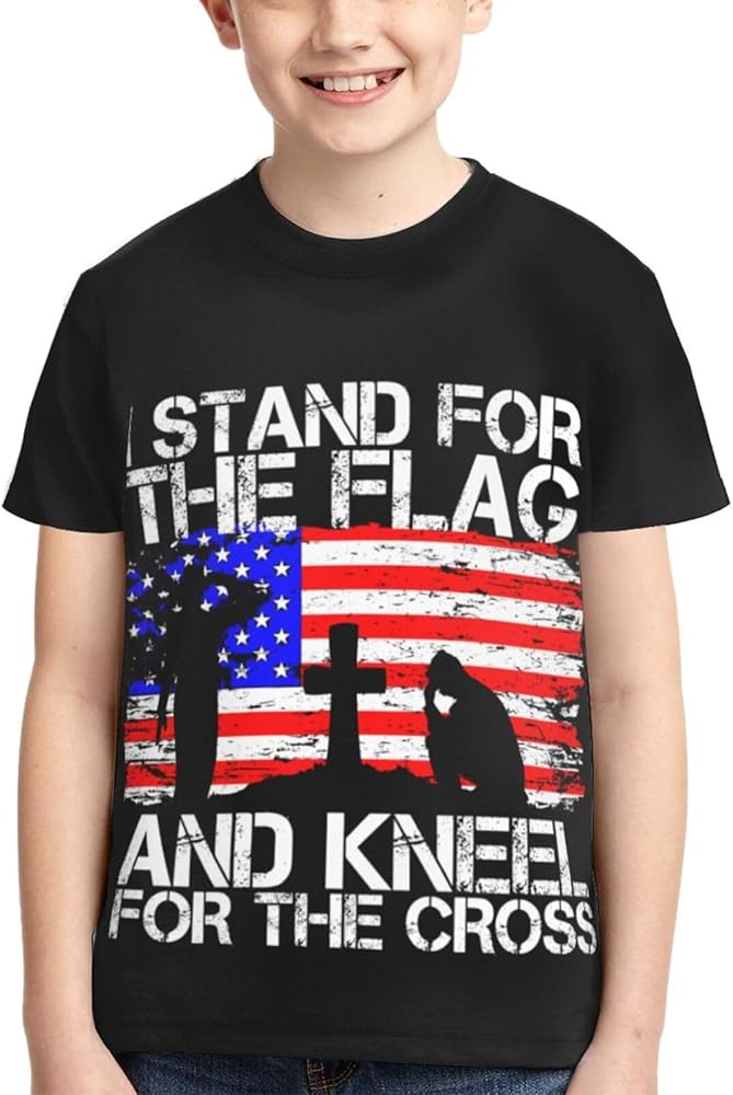 Stand for The Flag Kneel for The Cross Boys Girls Shirts Kids Short Sleeve Classic Crewneck Top Tee