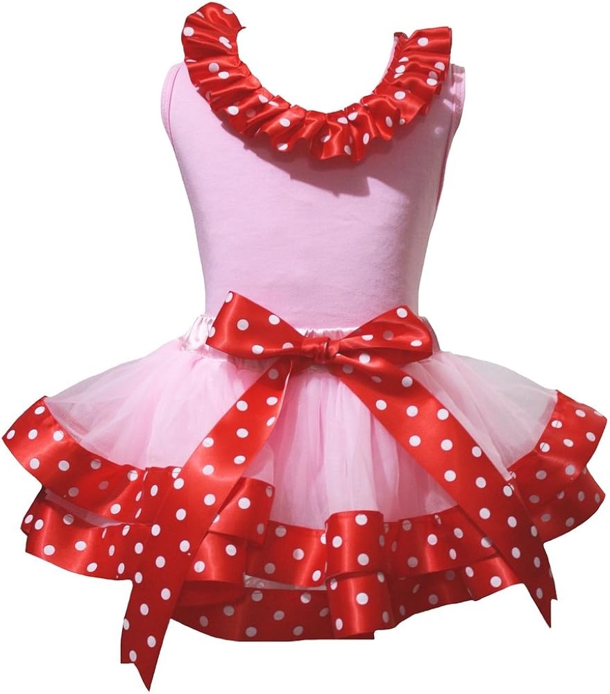 Petitebella Neck Ruffle Shirt Polka Dots Red Ribbon Pink Petal Skirt Set Nb-8y