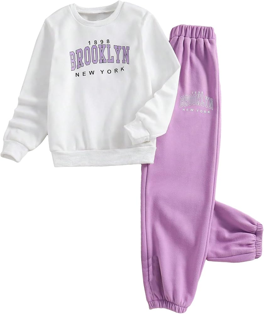 Floerns Girl's 2 Piece Outfit Letter Print Long Sleeve Sweatshirt with Jogger Pants Set