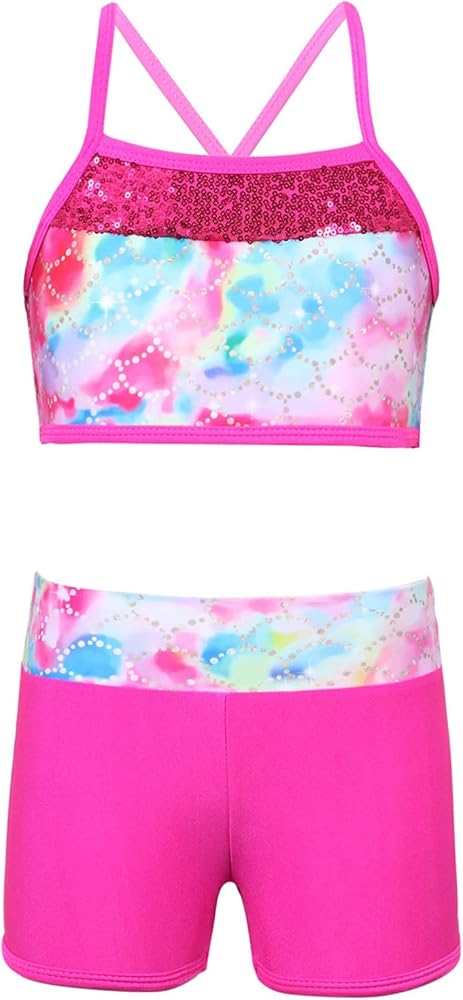 Kids Girls Two Pieces Sports Dance Outfit Crop Tops Bra with Shorts Set Gymnastics Athletic Leotard Swimwear Colorful Fish Scales 3-4 Years