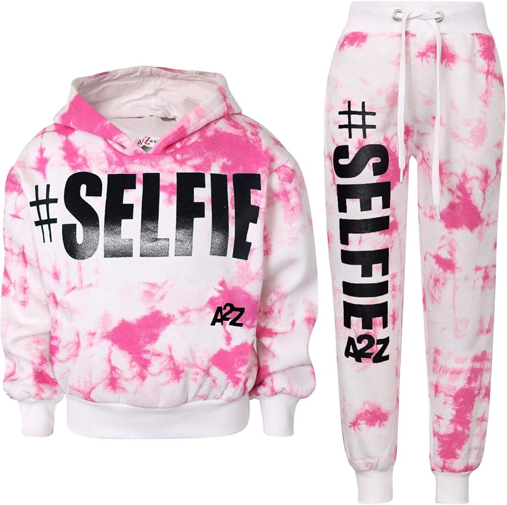 Kids #SELFIE Tie Dye Tracksuit Crop Hoodie Sweatpants Co-ord Set Girls Age 5-13